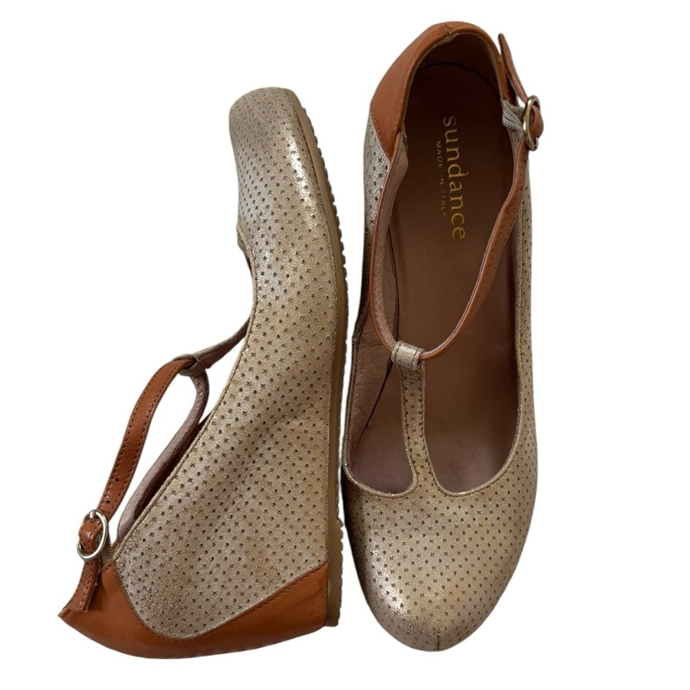 Sundance T-Strap Maryjane Wedge metallic bronze nubuck and cognac leather 39